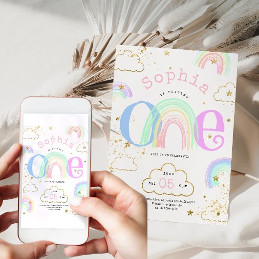 レインボー金ゴールド雲1st誕生日招待状 招待状