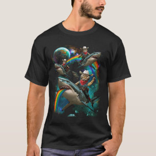 レインボー銀河系キャットライディングシャーク宇宙Sci-fi Sp Tシャツ