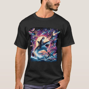レインボー銀河系キャットライディングシャークin宇宙大戦Sci-f Tシャツ