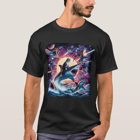レインボー銀河系キャットライディングシャークin宇宙大戦Sci-f Tシャツ (正面)