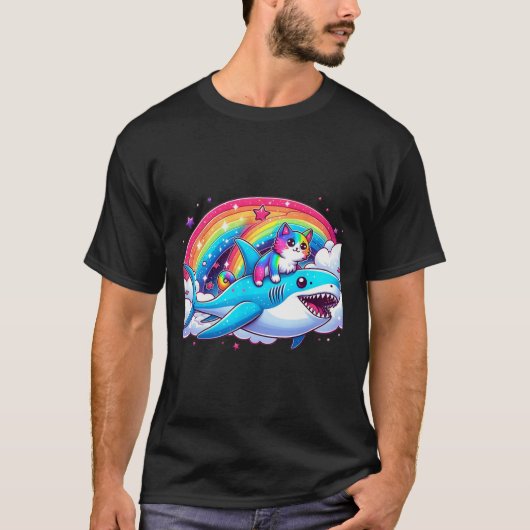 レインボー銀河系猫乗りシャーク宇宙猫 Tシャツ (正面)