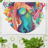 レインボー髪のカクテル付き人魚 キッチンタオル (折り畳み)