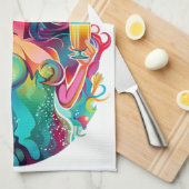 レインボー髪のカクテル付き人魚 キッチンタオル (四つ折り)