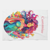 レインボー髪のカクテル付き人魚 キッチンタオル (横)