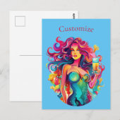レインボー髪のカクテル付き人魚 ポストカード (正面/裏面)