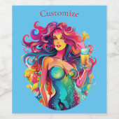 レインボー髪のカクテル付き人魚 ワインラベル (シングルラベル)
