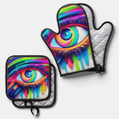 レインボー鮮やかアイアートワーク 鍋つかみ&鍋敷きセット (正面/裏面)