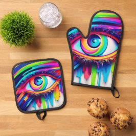レインボー鮮やかアイアートワーク 鍋つかみ&鍋敷きセット