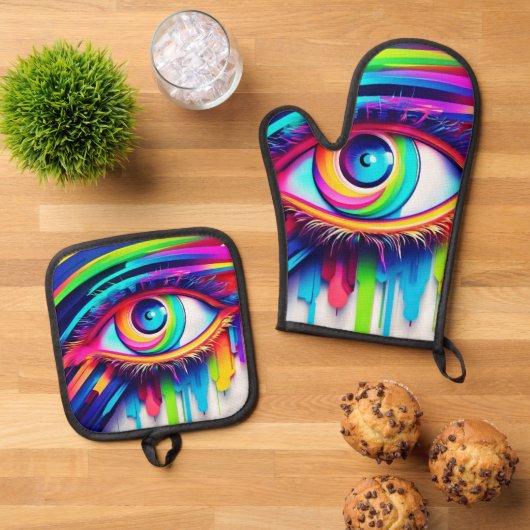 レインボー鮮やかアイアートワーク 鍋つかみ&鍋敷きセット (トップダウン)