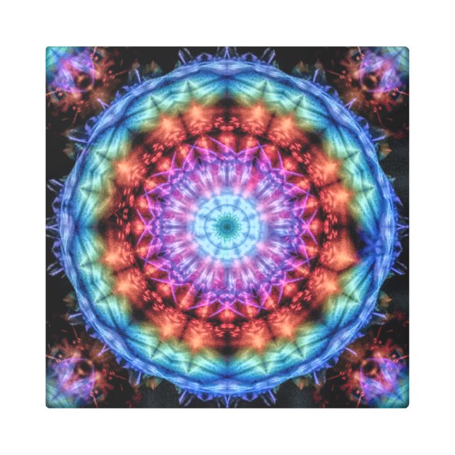 レインボー鮮やか万華鏡のように千変万化するパターンマカラフルダラ メタルプリント (正面)