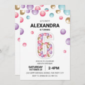 レインボー６歳の誕生日パーティー、ピンクの風船の女の子 招待状 (正面/裏面)