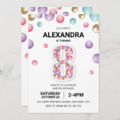 レインボー８歳の誕生日パーティー、ピンクの風船の少女 招待状 (正面/裏面)