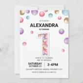 レインボー1歳の誕生日パーティーピンクバルーンガール 招待状 (正面)