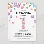 レインボー1歳の誕生日パーティーピンクバルーンガール 招待状 (正面/裏面)