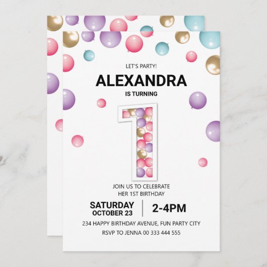 レインボー1歳の誕生日パーティーピンクバルーンガール 招待状 (正面/裏面)