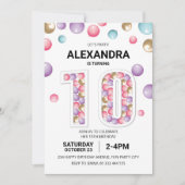 レインボー10歳の誕生日パーティー、ピンクの風船の女の子 招待状 (正面)