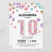 レインボー10歳の誕生日パーティー、ピンクの風船の女の子 招待状 (正面/裏面)