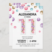 レインボー11歳の誕生日パーティー、ピンクの風船の少女 招待状 (正面/裏面)