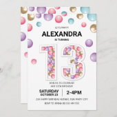 レインボー13thバースデーパーティー，ピンクバルーンガール 招待状 (正面/裏面)