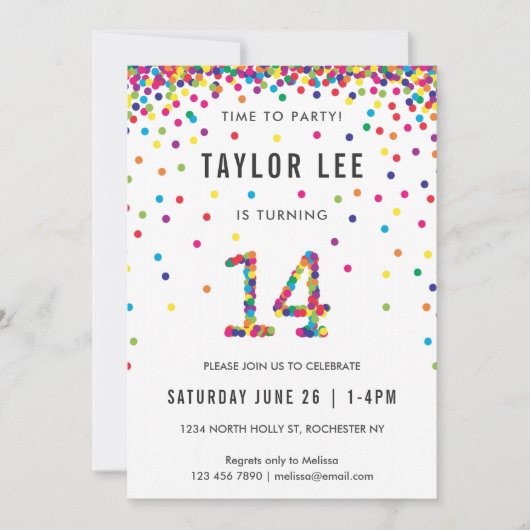 レインボー14歳の誕生日パーティー14誕生日 招待状 (正面)