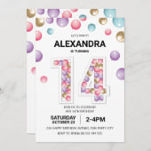レインボー14thバースデーパーティー,ピンクバルーンガール 招待状 (正面/裏面)