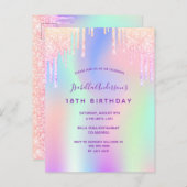 レインボー18th誕生日グリッターピンクグラーム招待 ポストカード (正面/裏面)