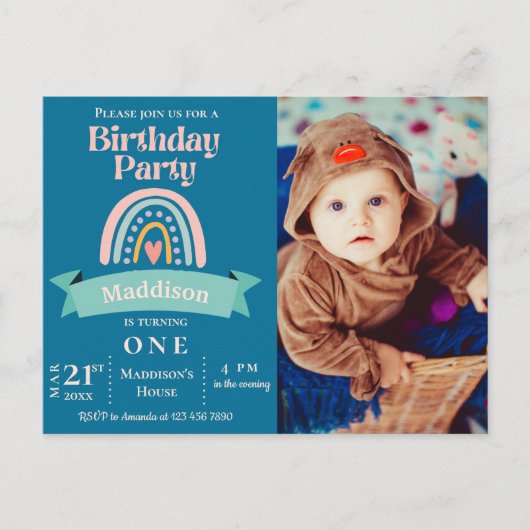 レインボー1stキッズマイルストーンバースデーパーティー招待状 ポストカード (正面)