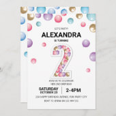 レインボー2nd誕生日パーティーピンクバルーンガール 招待状 (正面/裏面)