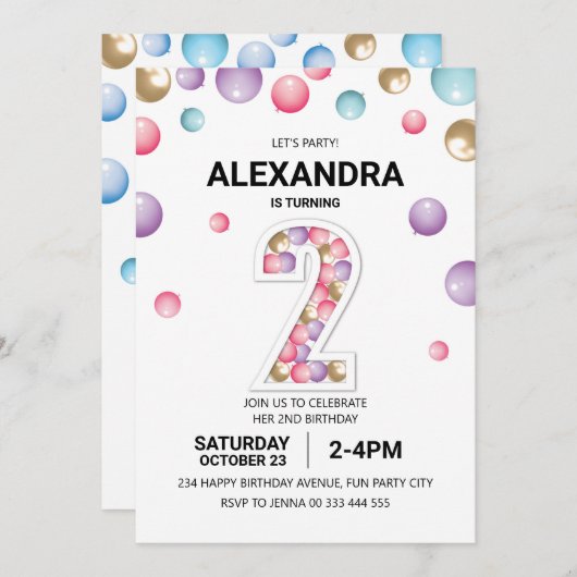 レインボー2nd誕生日パーティーピンクバルーンガール 招待状 (正面/裏面)