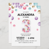 レインボー3歳パーティーピンクバルーンガール 招待状 (正面/裏面)