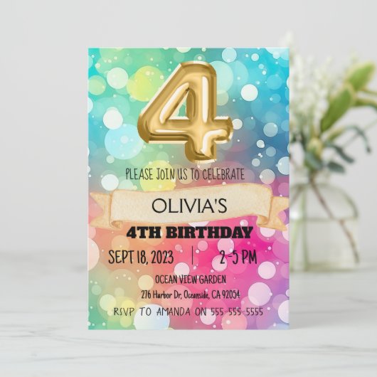レインボー4歳4歳の誕生日パーティー女子4 招待状 (スタンド正面)