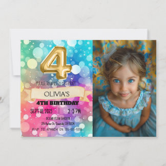 レインボー4歳4歳の誕生日フォトガールズ4 招待状