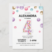 レインボー4th誕生日パーティーピンクバルーンガール 招待状 (正面)