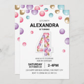 レインボー4th誕生日パーティーピンクバルーンガール 招待状 (正面/裏面)