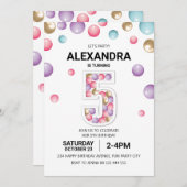 レインボー5thバースデーパーティー、ピンクバルーンガール 招待状 (正面/裏面)