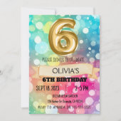 レインボー6歳6歳バースデーパーティー女の子6 招待状 (正面)