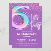 レインボー6thバースデーパーティーガールフォイルバルーンネオン 招待状 (正面/裏面)