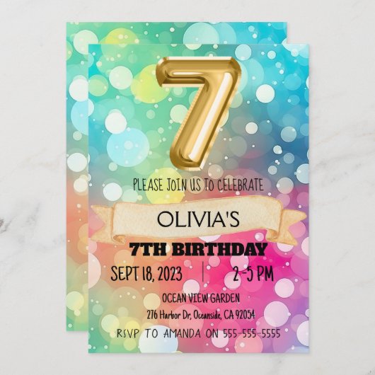 レインボー7歳7歳の誕生日パーティー女の子7 招待状 (正面/裏面)