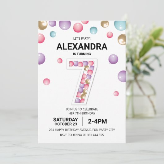 レインボー7thバースデーパーティー、ピンクバルーンガール 招待状 (スタンド正面)