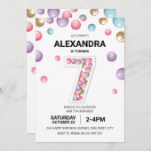 レインボー7thバースデーパーティー、ピンクバルーンガール 招待状 (正面/裏面)