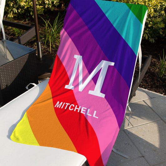 レインボー8ストライプゲイプライドカスタムモノグラムイニシャル ビーチタオル