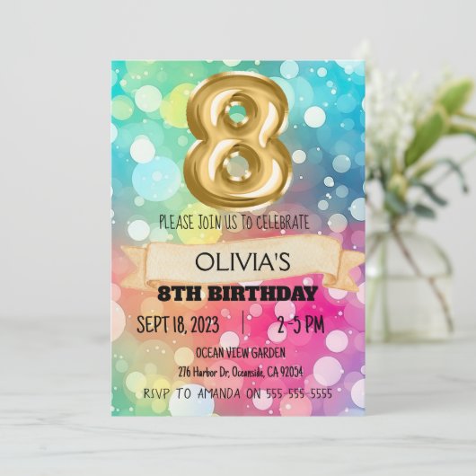 レインボー8歳8歳バースデーパーティー女の子8 招待状 (スタンド正面)