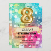 レインボー8歳8歳バースデーパーティー女の子8 招待状 (正面/裏面)