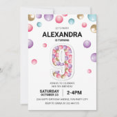 レインボー9thバースデーパーティー，ピンクバルーンガール 招待状 (正面)