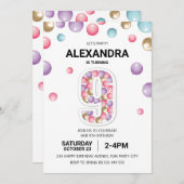 レインボー9thバースデーパーティー，ピンクバルーンガール 招待状 (正面/裏面)