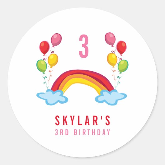 レインボー&おもしろいバルーン女の子の誕生日パーティーのお願い ラウンドシール (正面)
