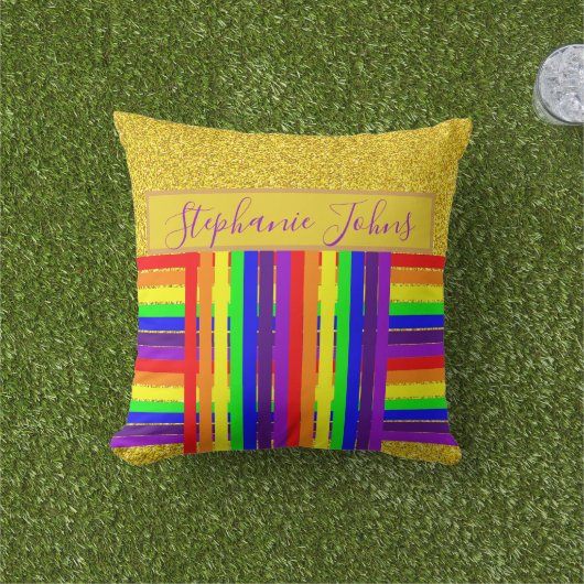 レインボー カラー ストライプ ゴールド グリッター 名前 ウェディング アウトドアクッション (芝生)