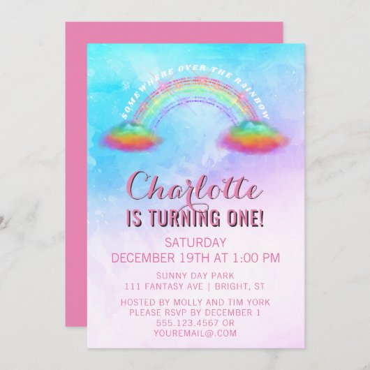 レインボー・クラウズ・ガールズ　ファーストバースデーパーティー 招待状 (正面/裏面)