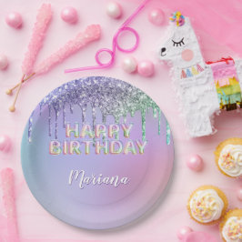 レインボー グリッター ドリップス 女の子の誕生日パーティー ペーパープレート