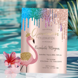 レインボー グリッター ドリップ ピンク フラミンゴ Quinceañera I 招待状
